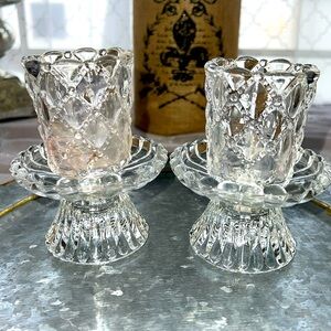PartyLite Quilted Clear Crystal Votive/Taper Candle Holders Pair  Collectible